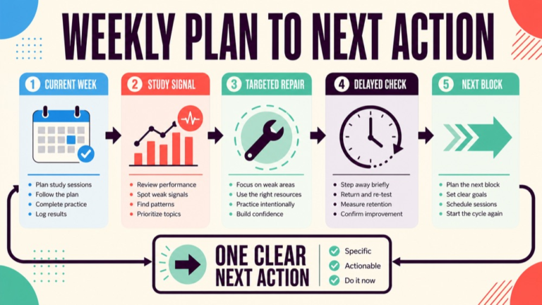 slp praxis study schedule infographic showing weekly plan to next action