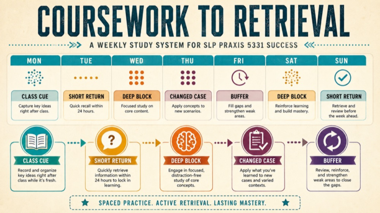 slp praxis study schedule for students infographic showing fit praxis review around school