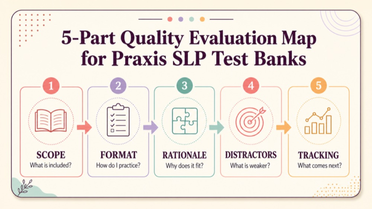 SLP Praxis test bank quality map for scope format explanations and domain coverage