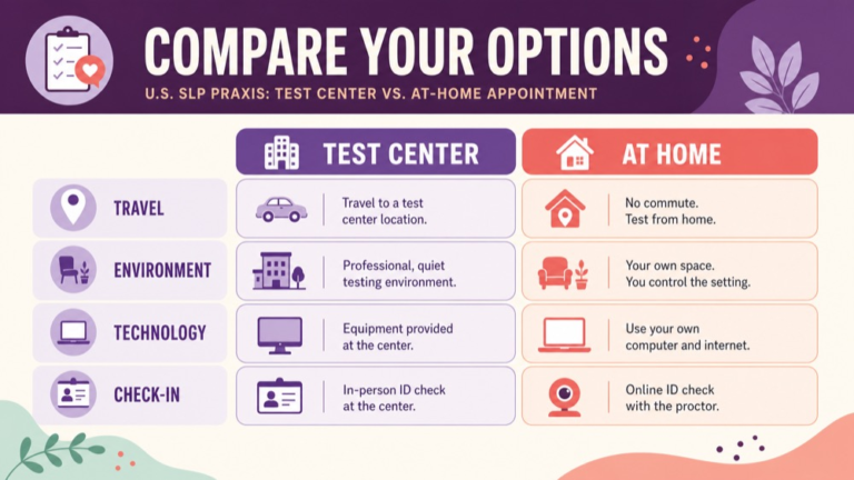 SLP Praxis test dates comparison checklist for center and at-home appointments