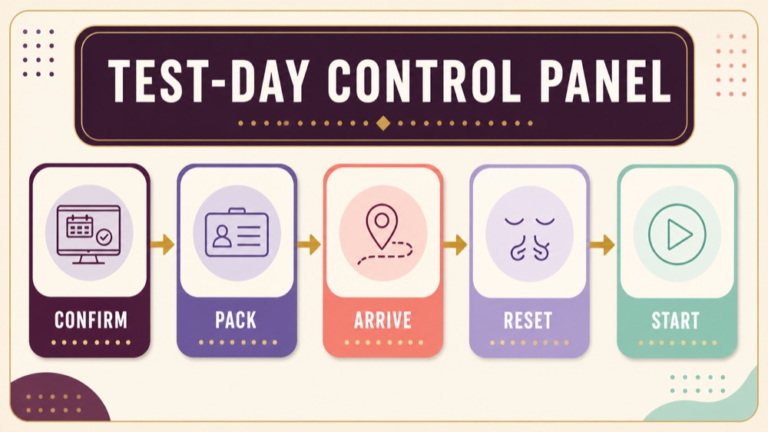 SLP Praxis test-day control panel for confirming the appointment packing ID arriving resetting and starting