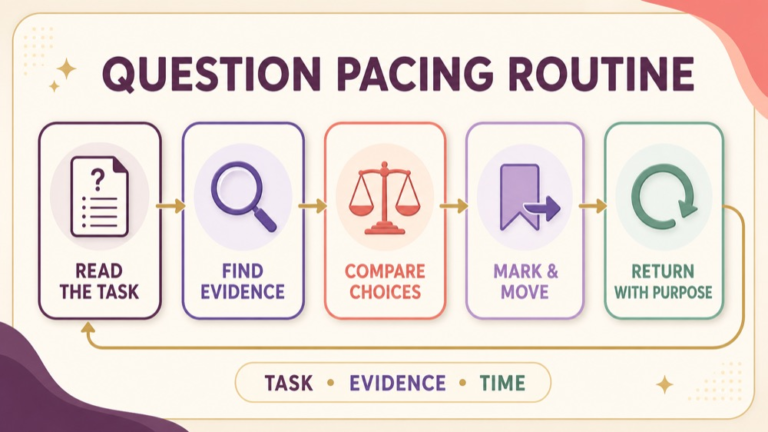 SLP Praxis question pacing routine from reading the task to comparing evidence and returning with purpose