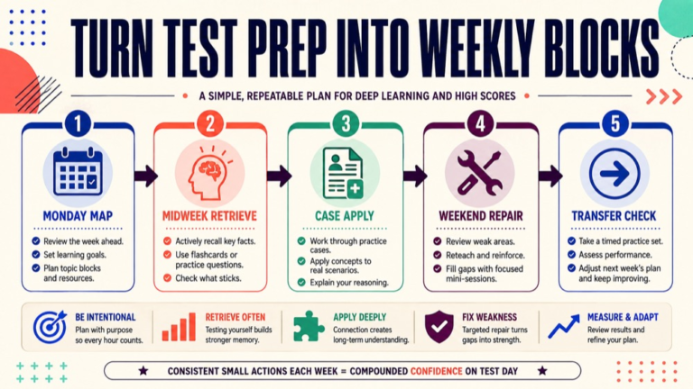 slp praxis test prep infographic showing turn test prep into weekly blocks