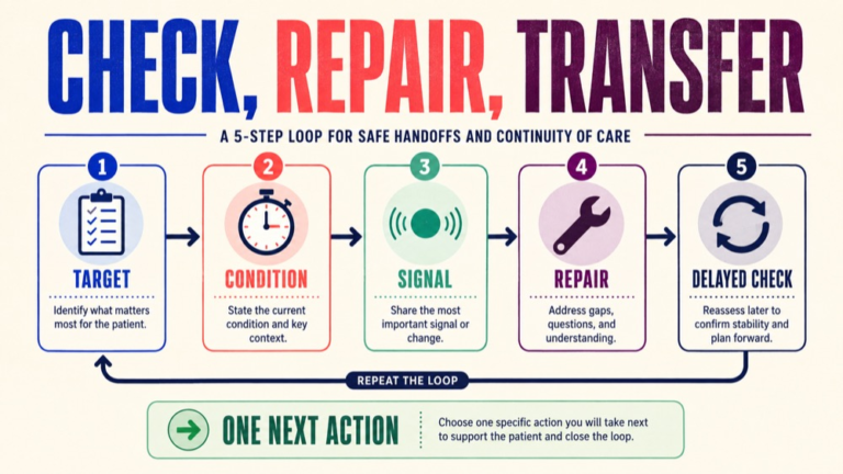 slp praxis test prep infographic showing check, repair, transfer