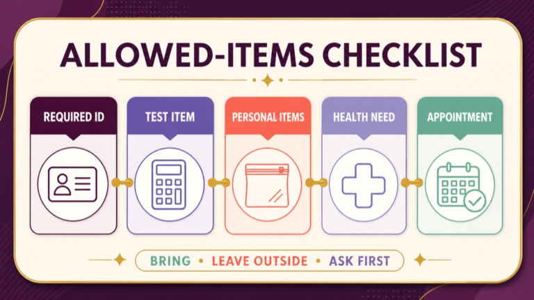 SLP Praxis what to bring checklist showing identity confirmation arrival and allowed items