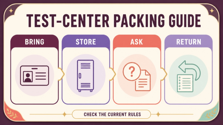 SLP Praxis test-center packing guide showing what to bring what to store what to ask and what to return