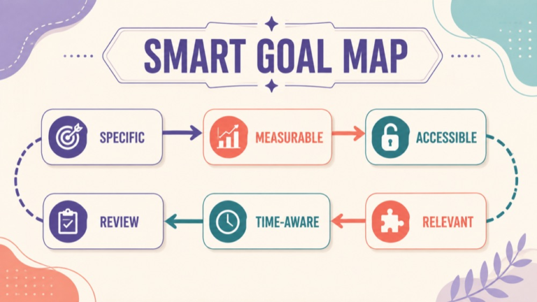Smart goals speech therapy concept map showing the core domains and clinical questions