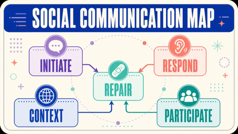 Social communication assessment map connecting interaction, social cognition, pragmatics, language processing, context, and function