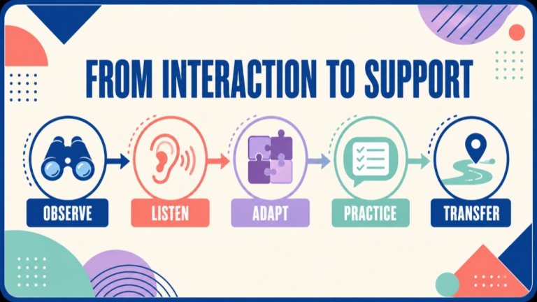 Social communication assessment infographic showing the path from a social communication profile to a functional plan