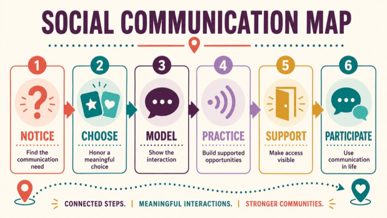 Social communication intervention concept map showing the core domains and clinical questions