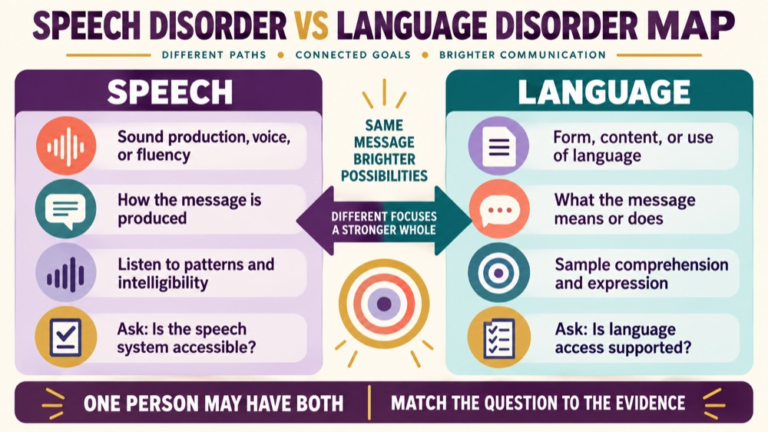 Speech disorder vs language disorder concept map showing the core domains and clinical questions