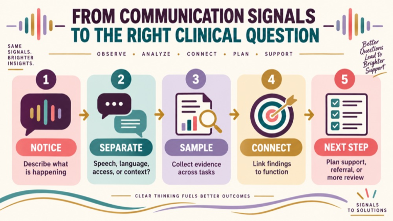 Speech disorder vs language disorder infographic showing context, evidence, and proportionate next steps