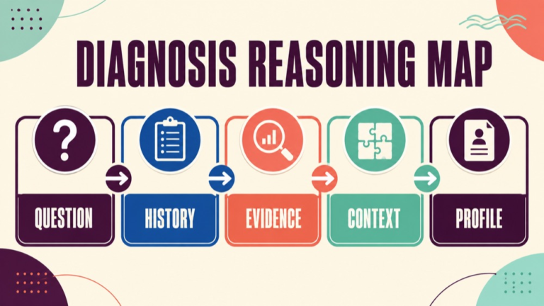 Speech language diagnosis map connecting referral question, screening, communication domains, evidence fit, function, and scope