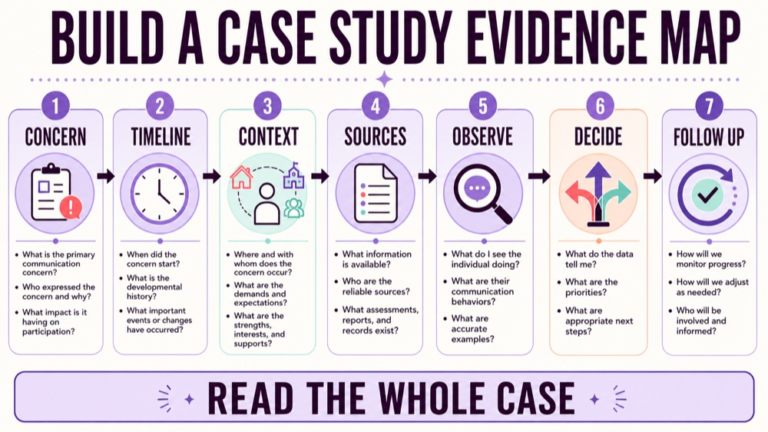 Speech language pathology case study questions infographic mapping timeline person context evidence and decision