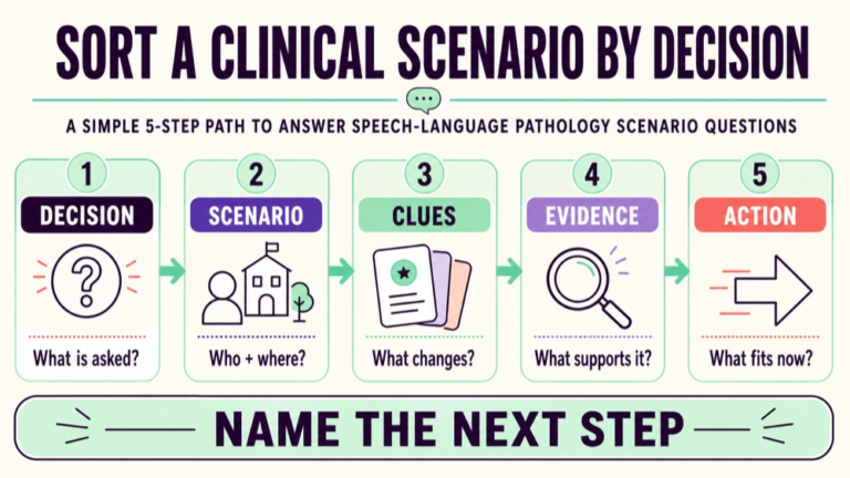 Speech language pathology clinical scenario questions infographic sorting decision scenario clues evidence and action