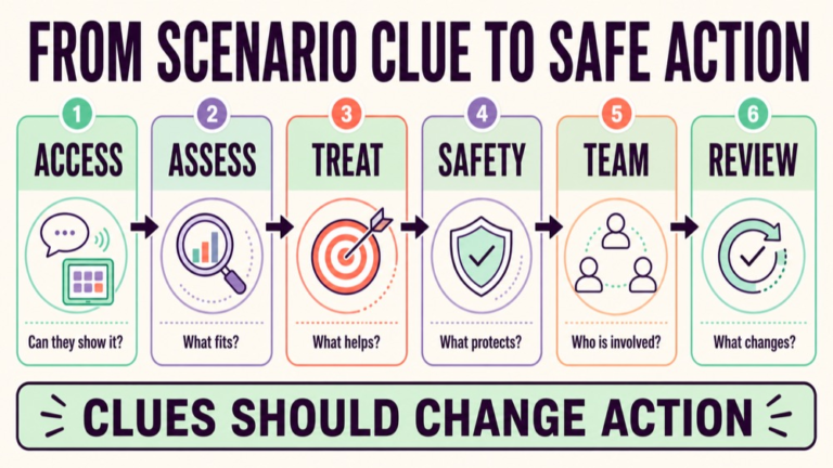 Speech language pathology clinical scenario questions infographic connecting a scenario clue to safe action and review