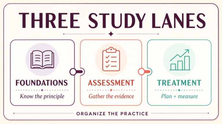 Three study lanes for a speech language pathology Praxis practice test: foundations assessment and treatment