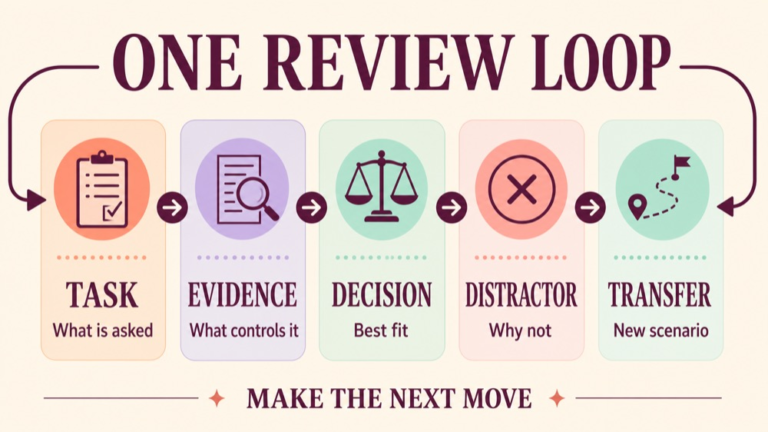 Review loop for a speech language pathology Praxis practice test from task to evidence and transfer
