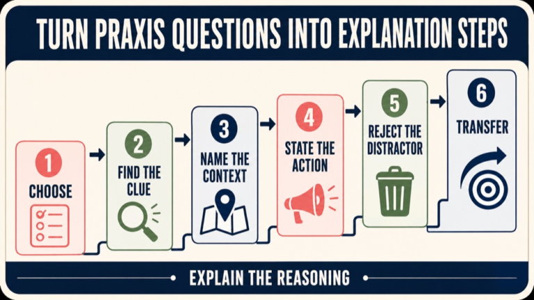 speech language pathology praxis questions with explanations infographic showing turn praxis questions into explanation steps