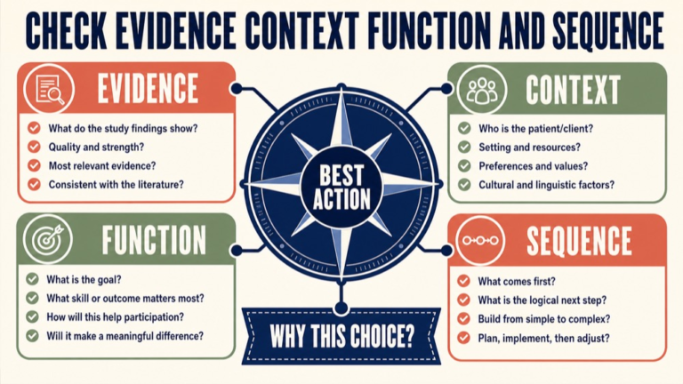 speech language pathology praxis questions with explanations infographic showing check evidence context function and sequence