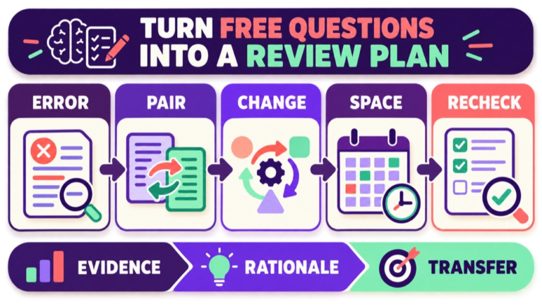 Speech pathology Praxis free questions infographic showing how to turn one item into a focused review plan