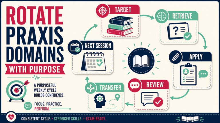 speech pathology praxis study guide infographic showing rotate praxis domains with purpose