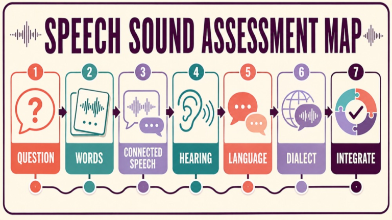 Speech sound assessment tools concept map showing the core assessment domains and clinical questions