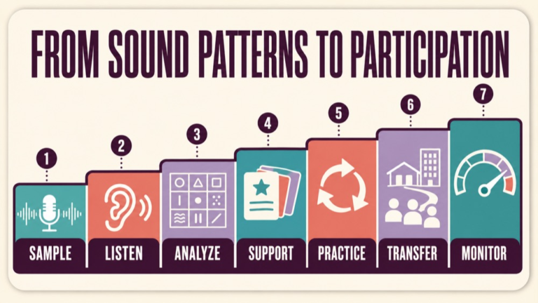 Speech sound assessment tools infographic showing context, evidence, and proportionate next steps