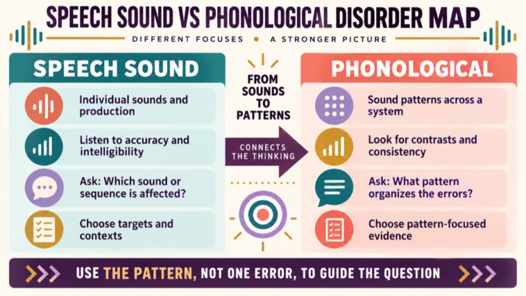 Speech sound disorder vs phonological disorder concept map showing the core domains and clinical questions