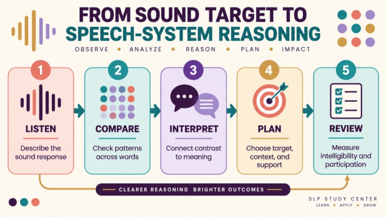 Speech sound disorder vs phonological disorder infographic showing context, evidence, and proportionate next steps