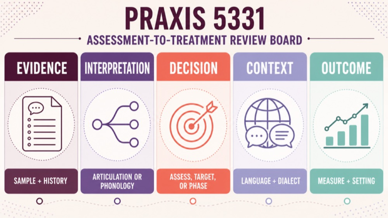 Speech sound disorders Praxis practice questions showing an assessment to treatment review board