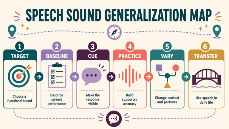 Speech sound generalization concept map showing the core domains and clinical questions
