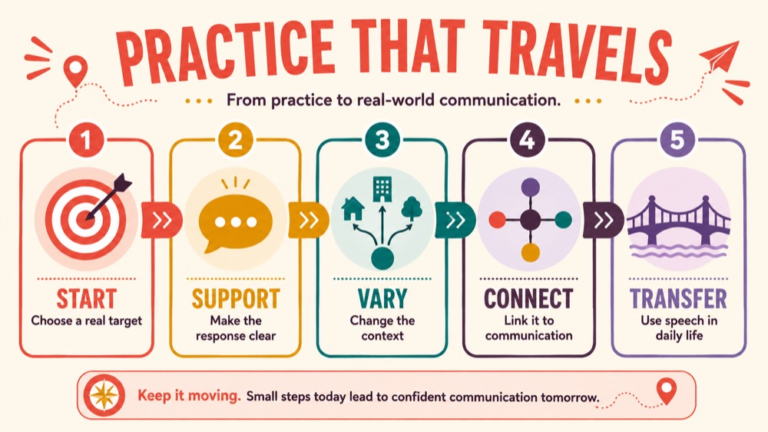 Speech sound generalization infographic showing context, evidence, and proportionate next steps