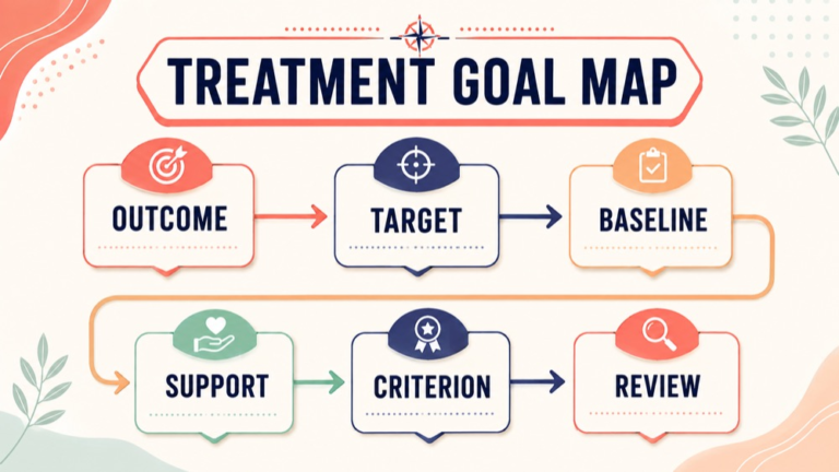 Speech therapy treatment goals concept map showing the core domains and clinical questions