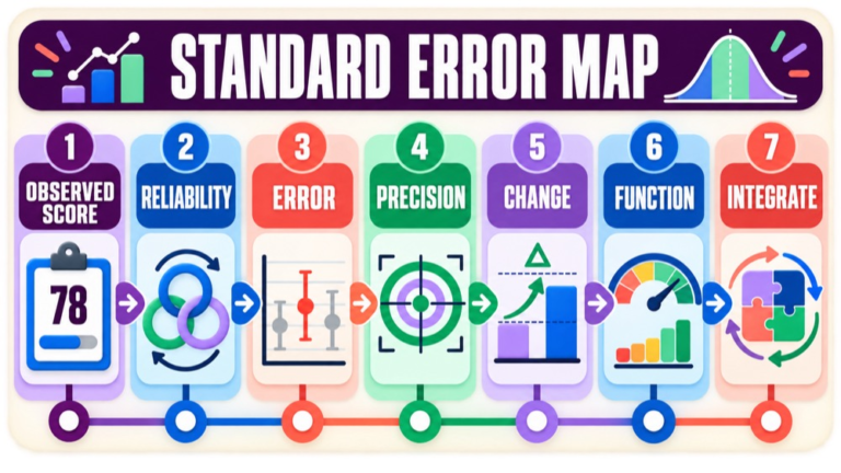 Standard error of measurement concept map showing the core assessment domains and clinical questions