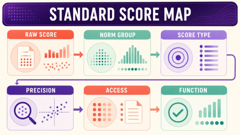 Standard scores speech language concept map showing the core domains and clinical questions