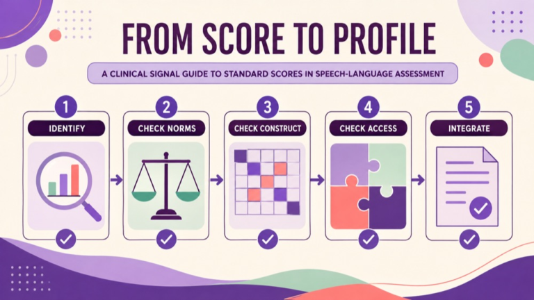 Standard scores speech language infographic showing context, evidence, and proportionate next steps