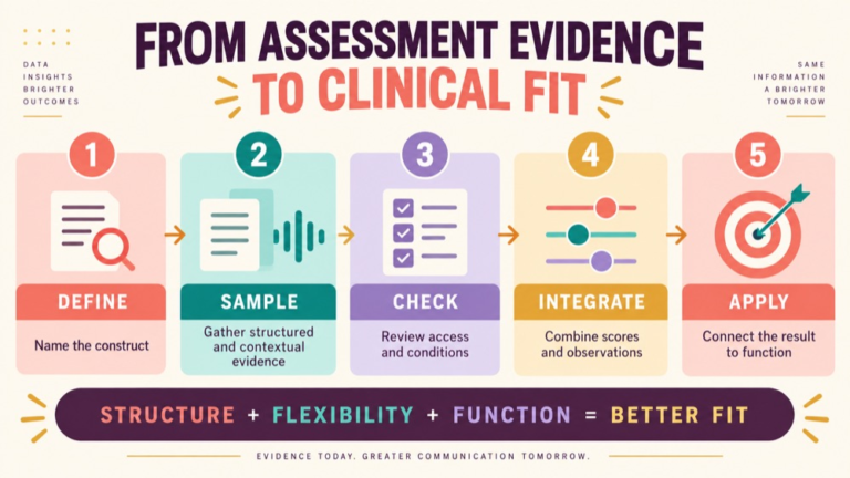 Standardized vs informal assessment infographic showing context, evidence, and proportionate next steps