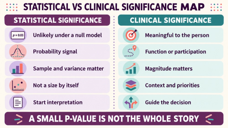 Statistical vs clinical significance concept map showing the core domains and clinical questions