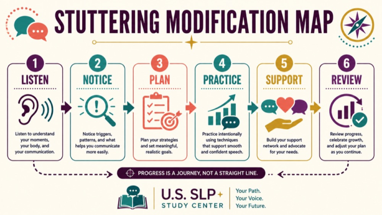 Stuttering modification concept map showing the core domains and clinical questions