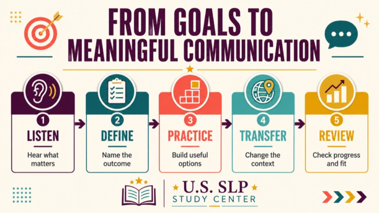 Stuttering therapy goals infographic showing context, evidence, and proportionate next steps
