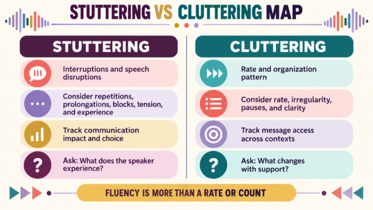 Stuttering vs cluttering concept map showing the core domains and clinical questions