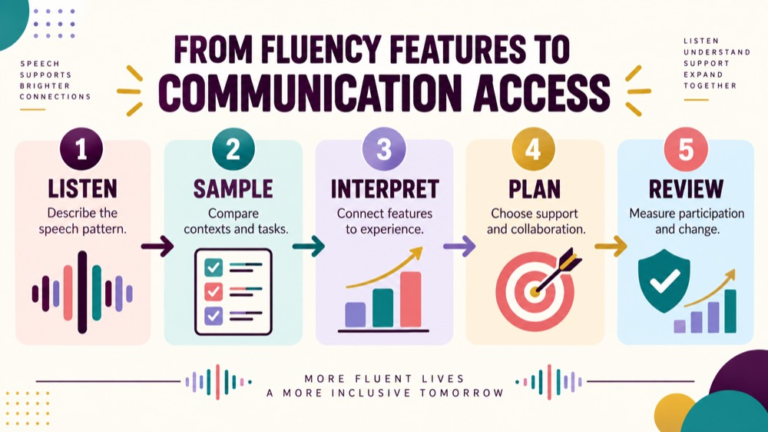 Stuttering vs cluttering infographic showing context, evidence, and proportionate next steps