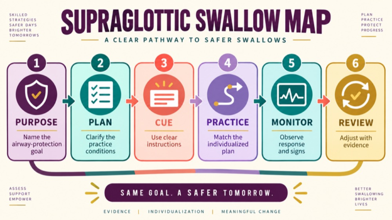 Supraglottic swallow concept map showing the core domains and clinical questions