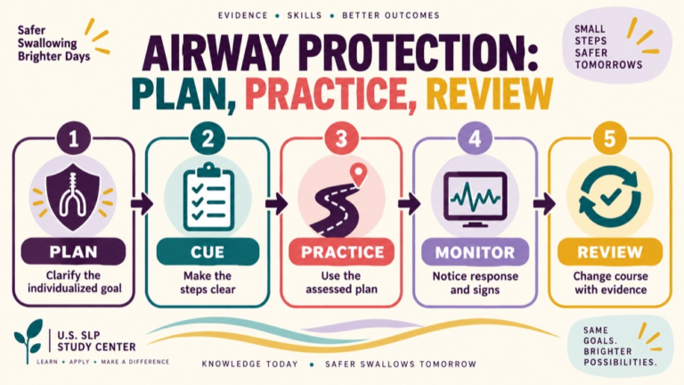 Supraglottic swallow infographic showing context, evidence, and proportionate next steps