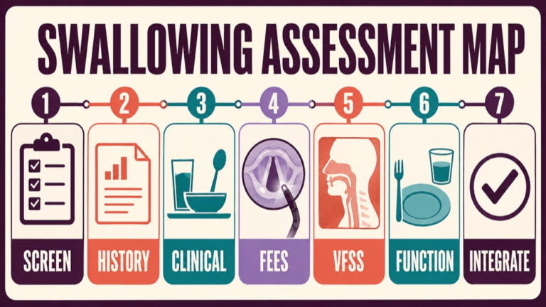 Swallowing assessment tools concept map showing the core assessment domains and clinical questions