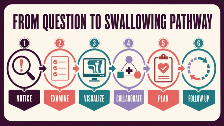 Swallowing assessment tools infographic showing context, evidence, and proportionate next steps