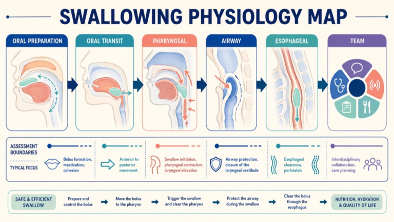 Swallowing physiology assessment concept map showing the core domains and clinical questions