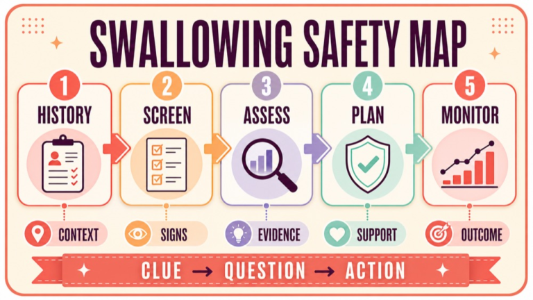 Swallowing Praxis practice questions showing a swallowing safety evidence to outcome map