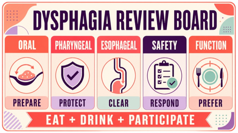 Swallowing Praxis practice questions showing an adult dysphagia safety and function review board